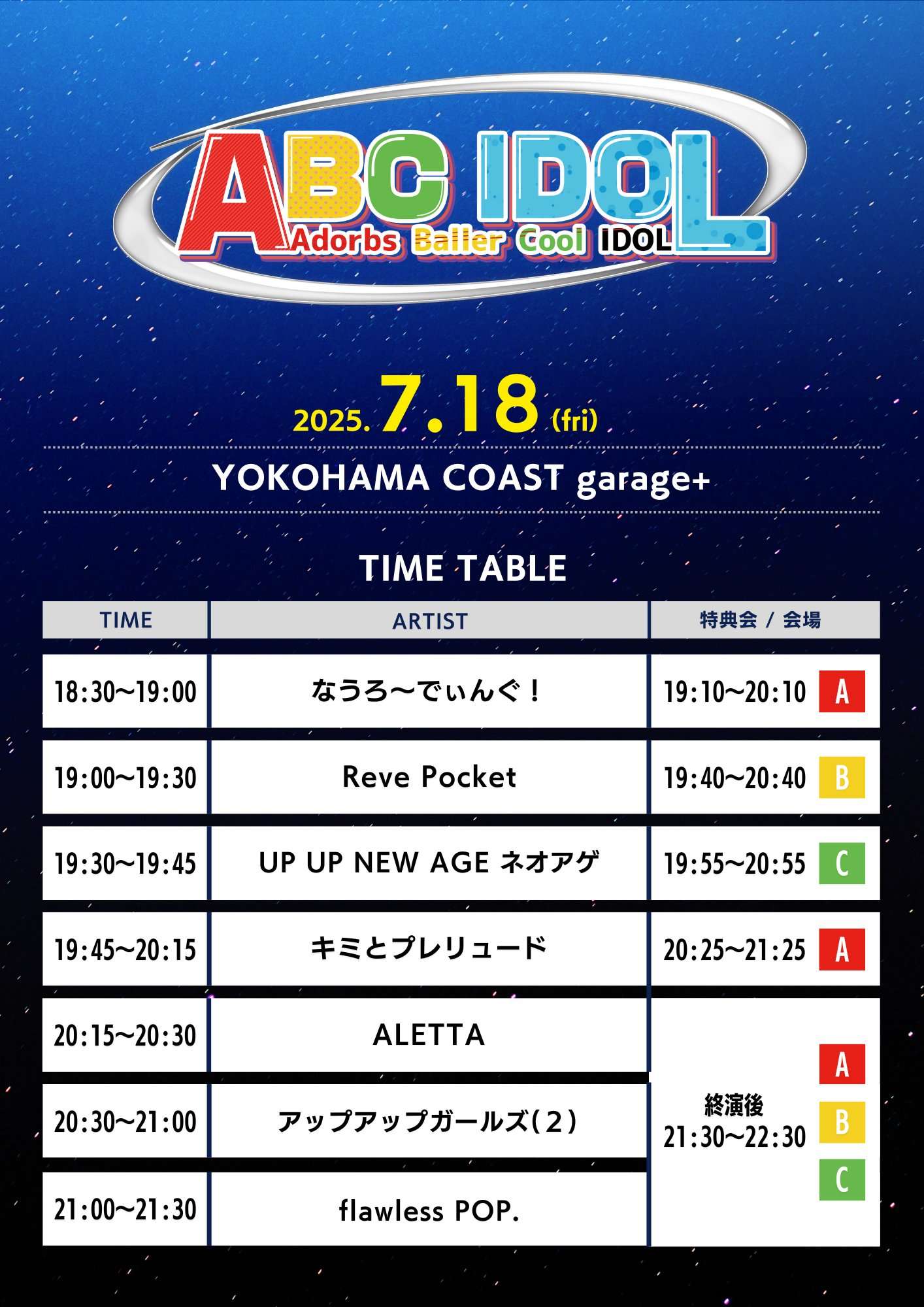7/18(金) YOKOHAMA COAST garage＋にて開催される、 「ABC IDOL」の