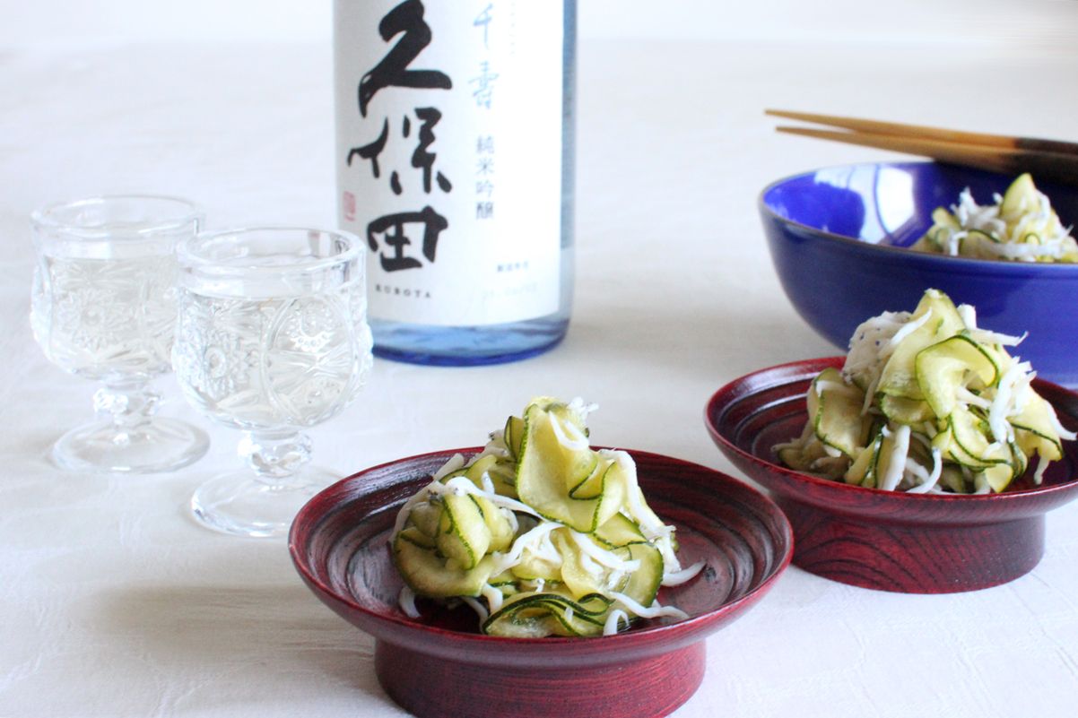 Zucchini and shirasu (baby sardines) tossed with yuzu kosho