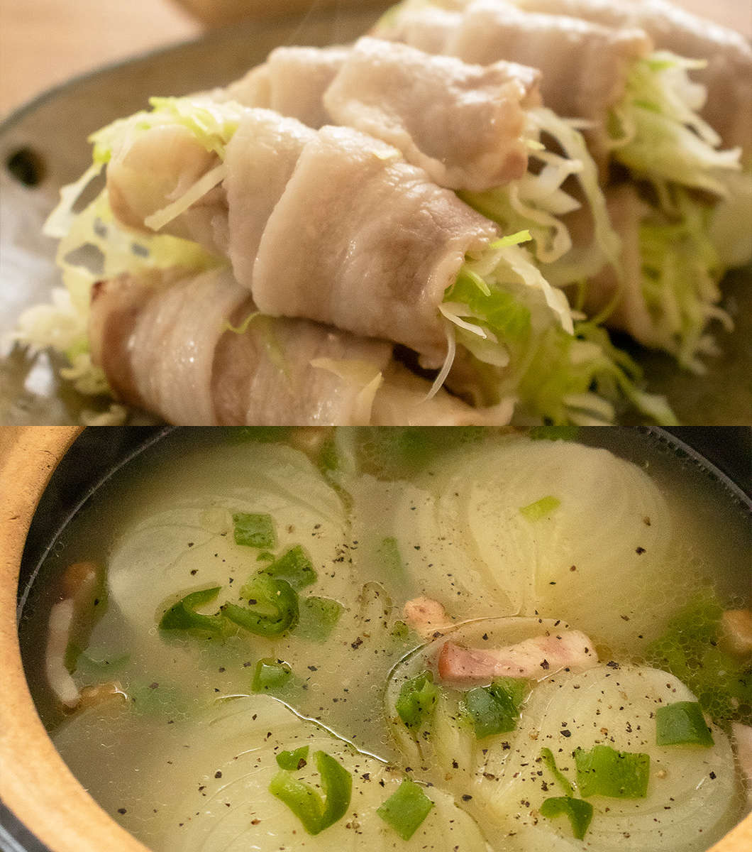 肉巻きキャベツ蒸し&玉ねぎスープ | 長谷園のwebレシピ | 長谷 肉巻きキャベツ蒸し&玉ねぎスープ | 長谷園のwebレシピ | 長谷