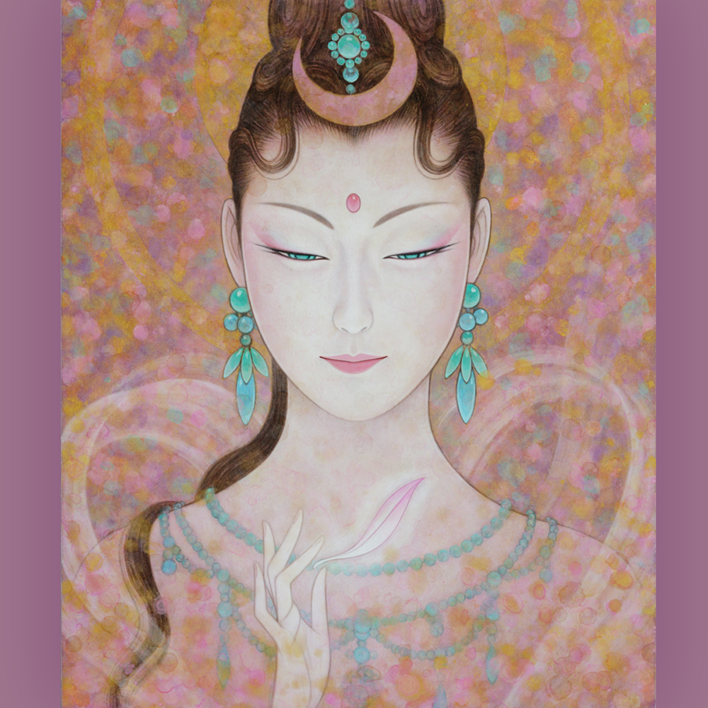 【真作】絵画　日本画　静寂の中の微笑　柔らかな色彩の幻想的な仏画　W55 真作】絵画 日本画 静寂の中の微笑 柔らかな色彩の幻想的